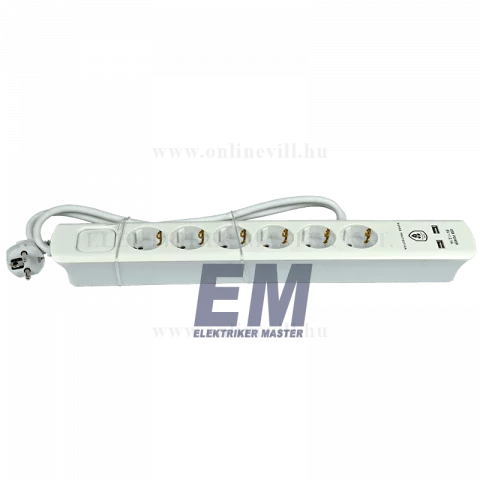 Hálózati Hosszabbító 6-os elosztó + 2x USB töltő 1,4m kábel túlfeszültség védett Somogyi NVT 06K USB
