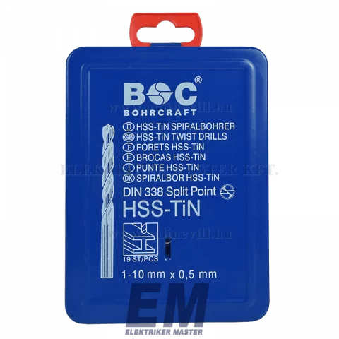 Bohrcraft fúrókészlet DIN 338 HSS-TiN 19 darabos, 1-10 fém dobozos