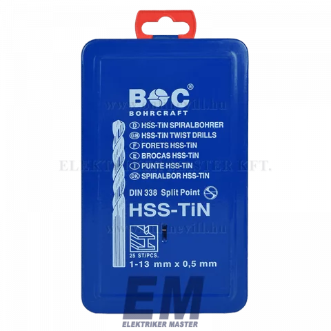 Bohrcraft fúrókészlet DIN 338 HSS-TiN 25 darabos, 1-13 fém dobozos