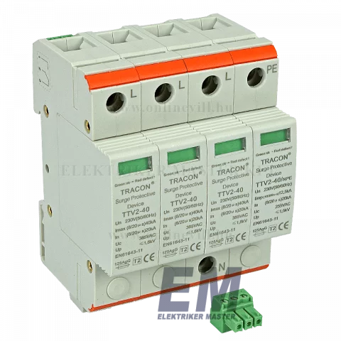 Túlfeszültség levezető 3P+NPE 40kA (2 típus) túlfesz védő Tracon TTV2-40-3P+N/PE