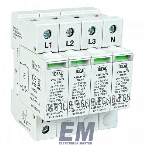 Túlfeszültség levezető 3P+N (1+2 típus) túlfesz védő Kanlux KSD-T1T2 275/240