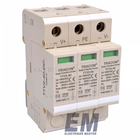 Túlfeszültség levezető 2P+PE 40kA 1000V DC (2 típus) túlfesz védő Tracon TTV2-40-DC-1000