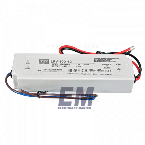 Mean Well Led Szalag Tápegység 102W PVC 12V DC 8,5A LPV-100-12